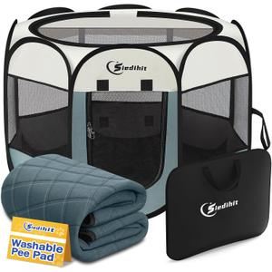 Siedihit Puppy Playpen for Large Dog Cat, Dogs Tent Crate Cage Indoor/Outdoor, Portable Pop Up Dog Kennel with Carrying Bag for Rabbits, Removable Top (Grey with Pad, Large)