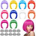 PLULON 10 Pieces Party Wigs and 10 Pieces Wig Caps Set, Neon Short Bob Wig Pack Costume Colorful Cosplay Daily Party Hairpieces for Bachelorette Neon Party Favors, Halloween Decorations