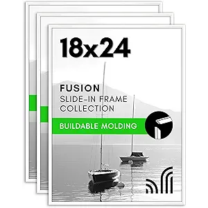 Americanflat 18x24 Poster Frame with Polished Front Cover - Set of 3 - Slide-In Photo Frame with Buildable Molding - Fusion Collection - Picture Frames for Wall Display - White