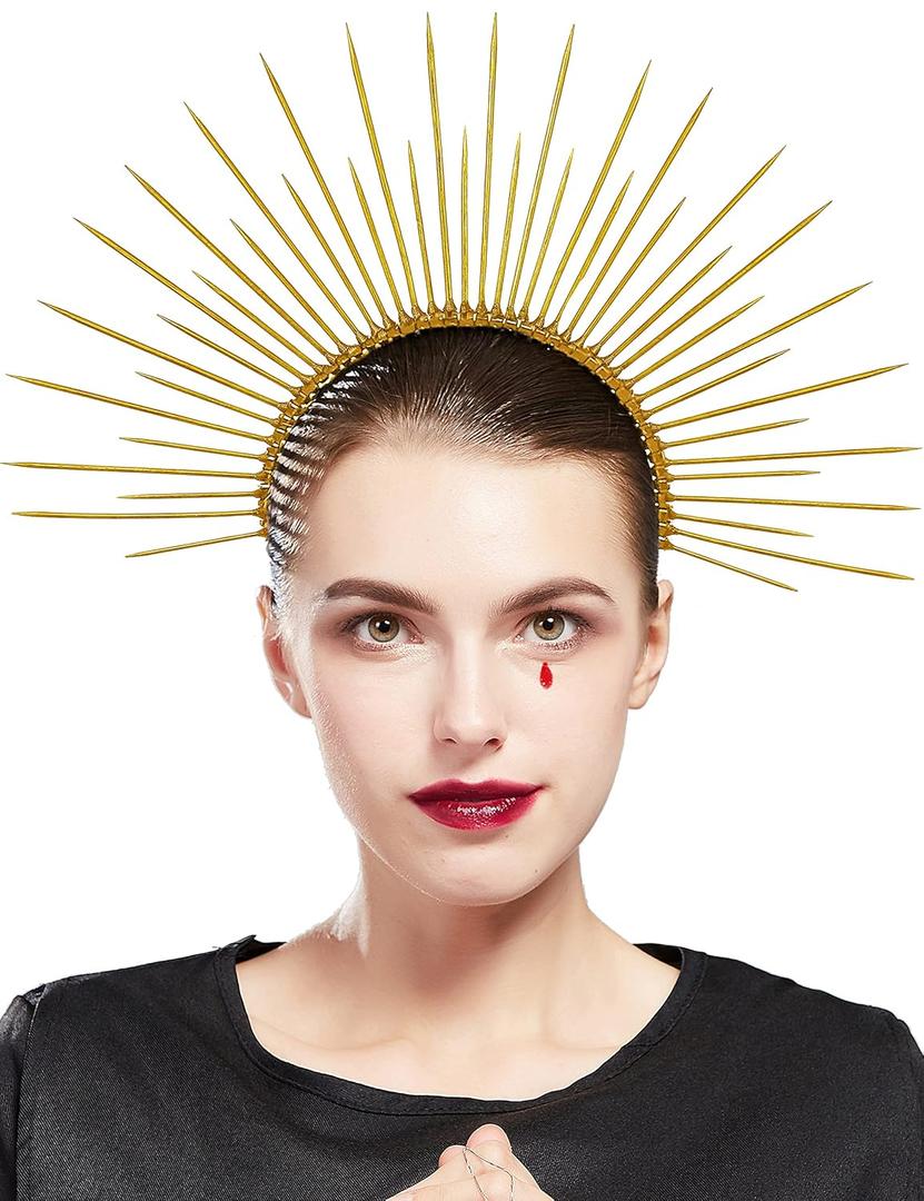 Fantherin Mary Halo Crown Headband Spiked Halo Crown Sunburst Goddess Headpiece for Cosplay Halloween Costume Party (Gold)