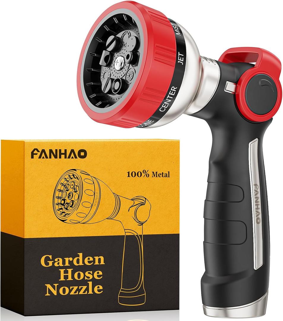 FANHAO Heavy Duty Garden Hose Nozzle with Thumb Control, 100% Metal Water Hose Sprayer with 9 Spray Patterns, On Off Valve, High Pressure Water Nozzle for Lawn/Garden Watering, Car & Pets Washing