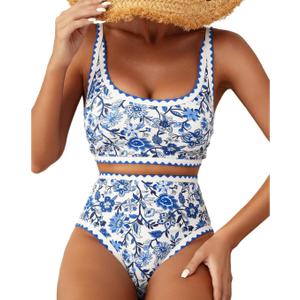Herseas Women's Bikini Sets Floral Print Whip Stitch 2 Piece Swimsuits High Waisted Scoop Bathing Suits L