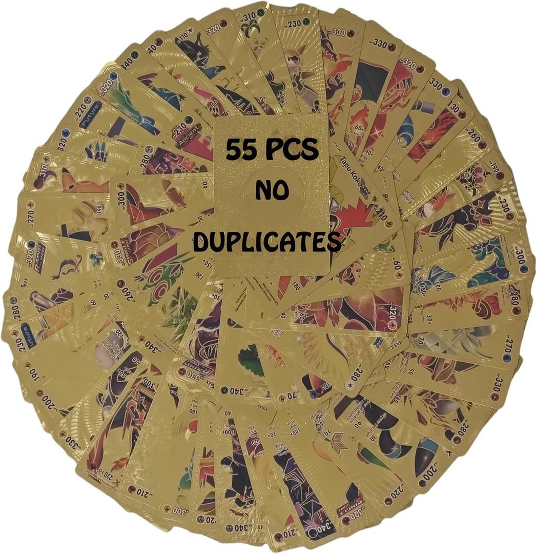 55 PCS Gold Cards Packs Vmax V EX GX Rare Golden Cards Deck Box Gold Foil Card for Fans/Kids/Collectors Gifts (No Duplicates)