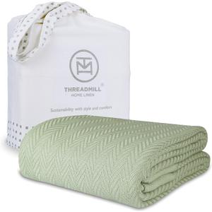Threadmill Luxury Cotton Blankets Queen Size | All-Season 100% Cotton Blanket for Queen/Full Size Bed | Herringbone Soft Breathable | Sage Green