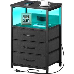 Seventable Nightstand with Charging Station and LED Light, Set of 2 Side Table with 3 Fabric Drawers, Bedside End Table with USB Ports and Outlets, Night Stand for Bedroom, Black