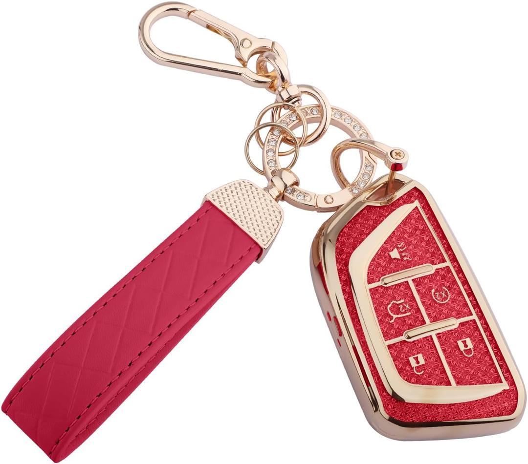 for Cadillac Key Fob Cover, Soft TPU Keys Protector Bling Key Fob Keychain for Cadillac 2020-Up CT4 CT5 CT6 XTS XT4 XT5 ATS (5 Buttons) Smart Keys, Gold Red