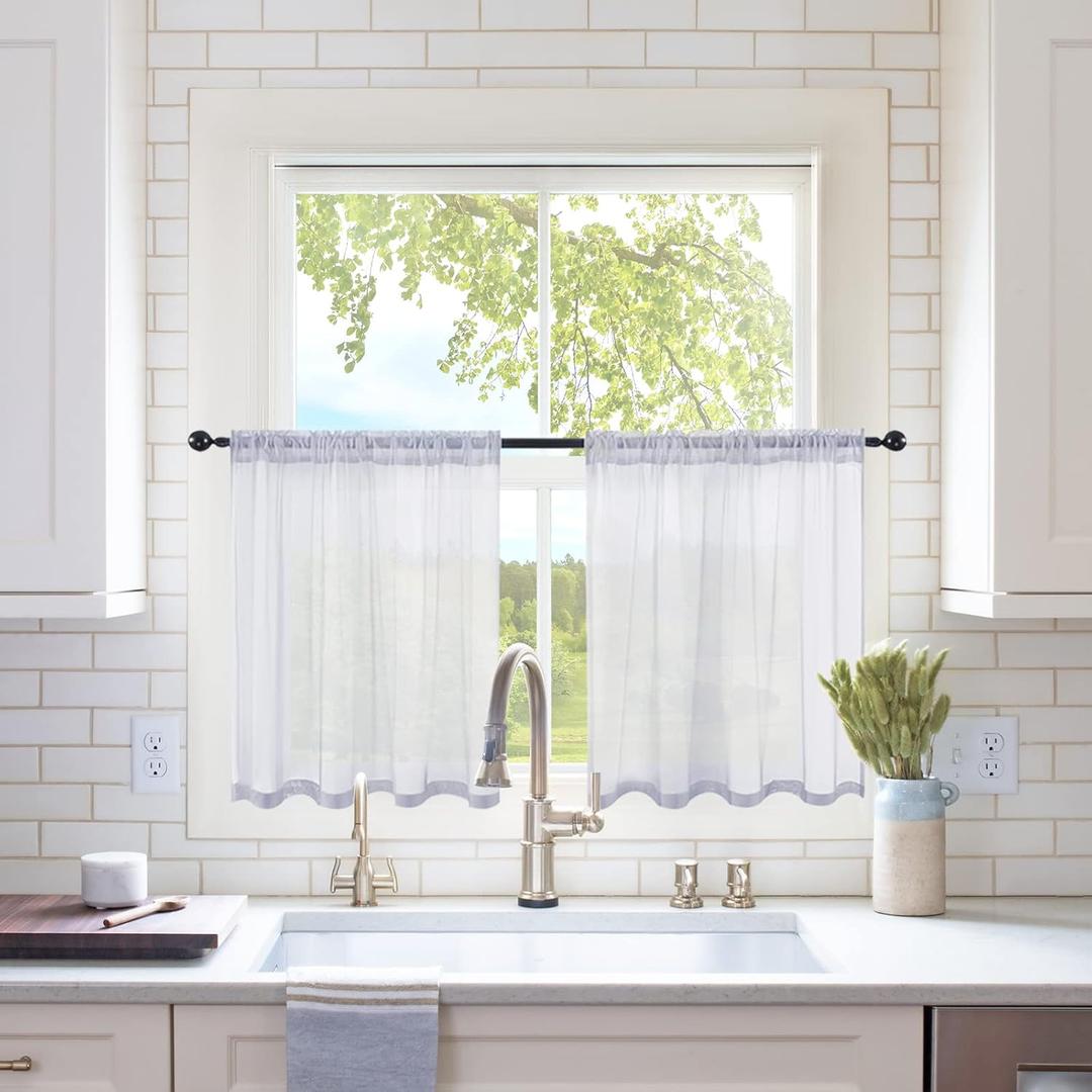 MIULEE 2 Panels Kitchen Tiers Half Window Sheer Curtains Rod Pocket Translucent Voile Drapes for Kitchen Bathroom Small Windows 29 by 24 Inch Greyish Lilac