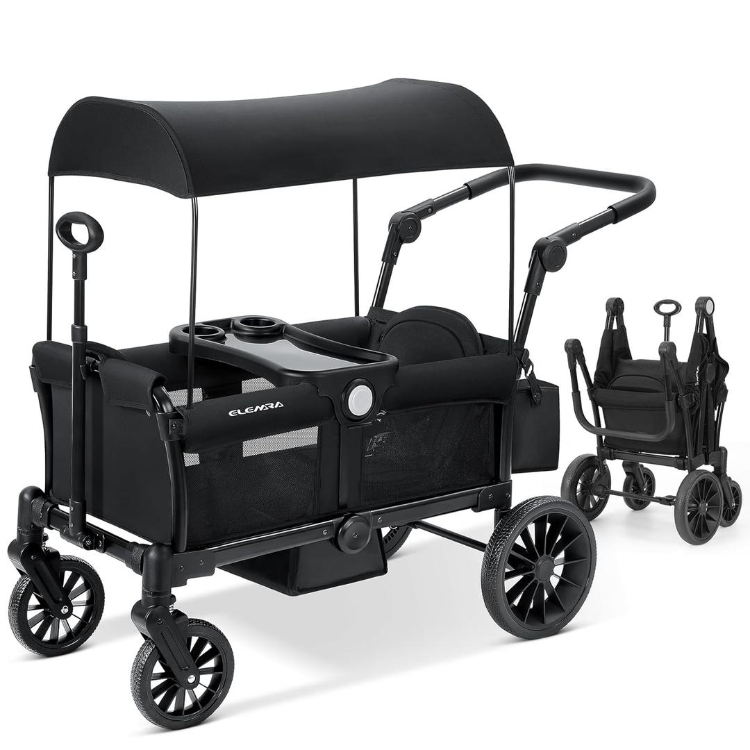 ELEMARA Stroller Wagon for 2 Kids, Foldable Wagon Stroller, Premium All Terrain Wagon for Kids, Kids Wagon Cart w/Removable Canopy, Adjustable Push/Pull Handle, Harnesses, Large Storage Bag, Black