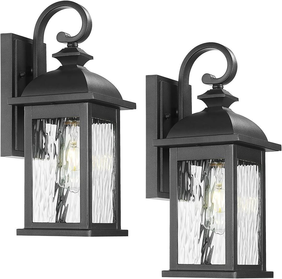 FEMILA 2 Packs Outdoor Waterproof Wall Lights Fixture, 15" Wall Lantern for Porch, Anti-Rust Matte Black Finish with Water Ripple Glass,4FD54B-2PK BK-WP