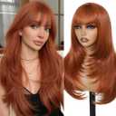 Long Layered Ginger Wig with Bangs for Women 26Inch,Realistic Scalp, Heat Resistant Synthetic Wig, Natural Looking Ginger Orange Wigs for Daily Wear & Part