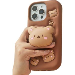 Kawaii 3D Teddy Bear Phone Case for iPhone 16 Pro (with Retractable Phone Stand & Grip) Cute Girly Cartoon Soft Silicone Phone Cover for Girls, Kids, Teens, and Women, Brown