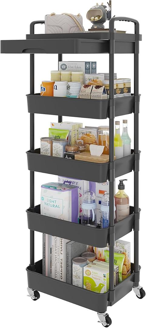Calmootey 5-Tier Rolling Utility Cart with Drawer,Multifunctional Storage Organizer with Plastic Shelf & Metal Wheels, Storage Cart for Kitchen, Bathroom, Living Room, Office, Black