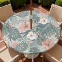 Round Outdoor Tablecloth with Umbrella Hole and Zipper Waterproof Round Fitted Tablecloth with Elastic Edge Wipeable Outdoor Table Cover for Patio Garden Picnic Party Fits 45-48" Tables
