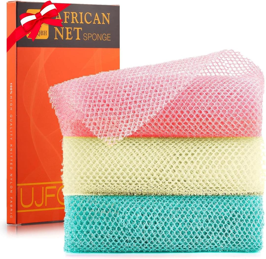 UJFQBH 3 Pieces African Net Sponge, African exfoliating net African Net Long Net Bath Sponge Exfoliating Shower Body Scrubber Back Scrubber Skin SmootherPink, Green, Off-White