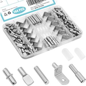 144 Pcs Shelf Pins Pegs Kit,5 Styles Metal Shelf Support Pegs,Cabinet Pegs for Shelves,Dual Diameter Shelf Pins with Silicone Covers,Shelf Bracket Holders for Furniture Glass Corner & Wood Shelves