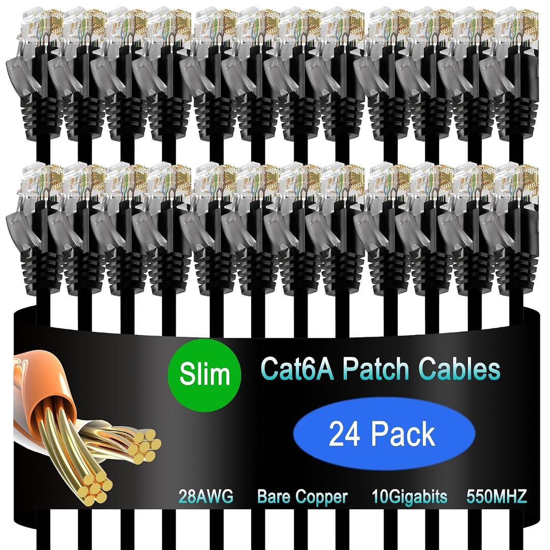 Cat6a Slim Ethernet Patch Cable 1 ft (24 Pack), Cat6a Patch Cable for Data Centers, Cat 6 Cable 10G, Network Patch Cables for Home and Enterprise Network -Black