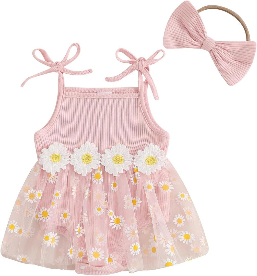 Baby Girl Clothes Daisy Ribbed Bodysuit Sleeveless Romper Dress Summer Outfit for Girls 12 18 Months (Pink)