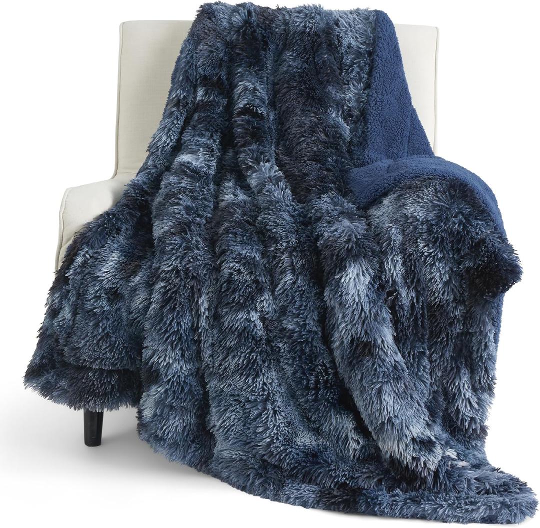 Bedsure Faux Fur Fluffy Sherpa Blanket Couch Throw Tie Dye Navy