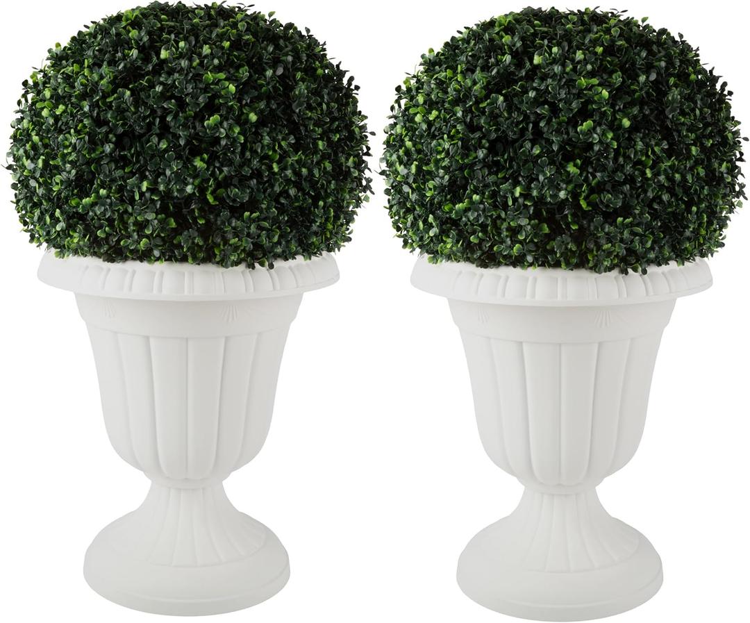 2 x Outdoor Planter 2-Pack - 16x18-Inch Urn Planters - Plastic Plant Pots for Indoor, Outdoor, or Front Porch Decor - Flower Pots by Pure Garden (White)