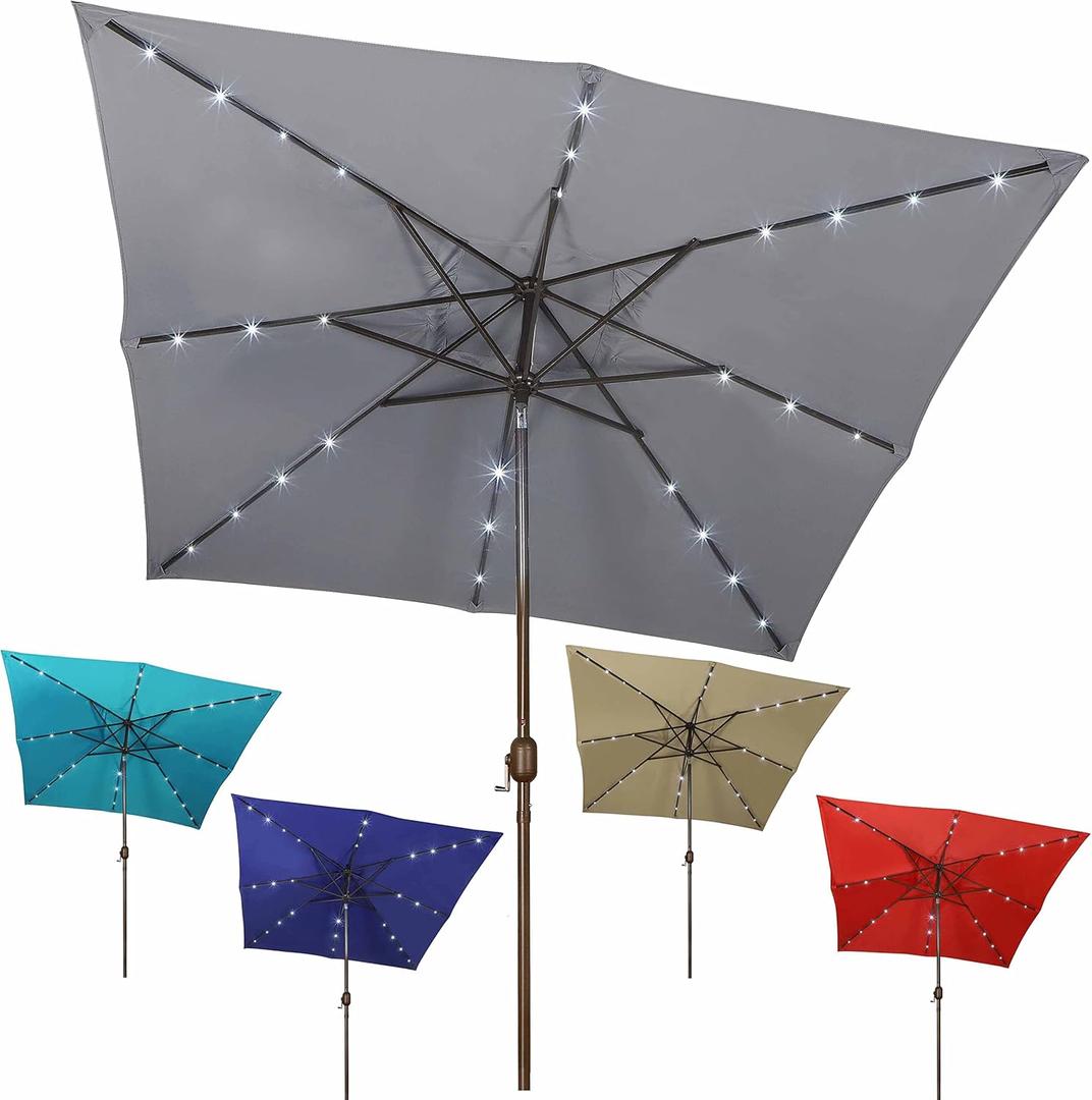 Blissun Rectangular Patio Umbrella, Table Market Umbrella with Tilt and Crank, Outdoor Umbrella for Garden, Deck, Backyard, Pool and Beach (8 x 8 FT, Lighted Dark Grey)