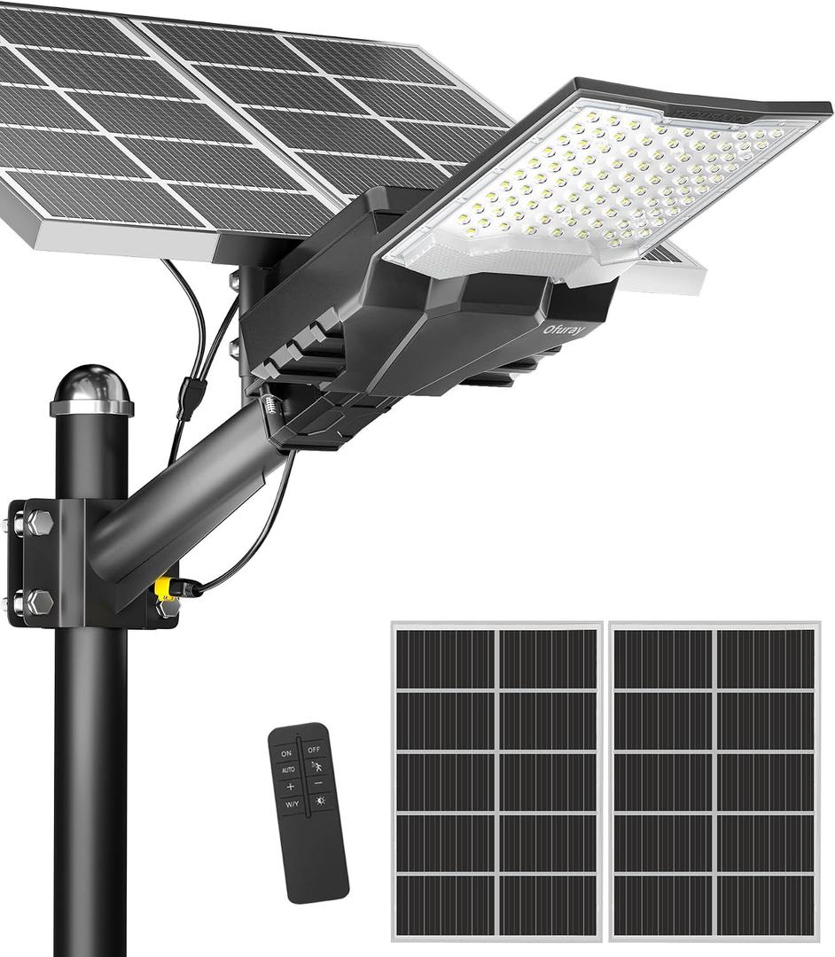 Ofuray OL-18000W Solar Street Lights Outdoor,Parking Commercial Lot Light | 60000mAh IP67 Waterproof Solar Security Flood Light, 6500K Dusk to Dawn, Remote Control for Streets, Yards, Barns, 4XL