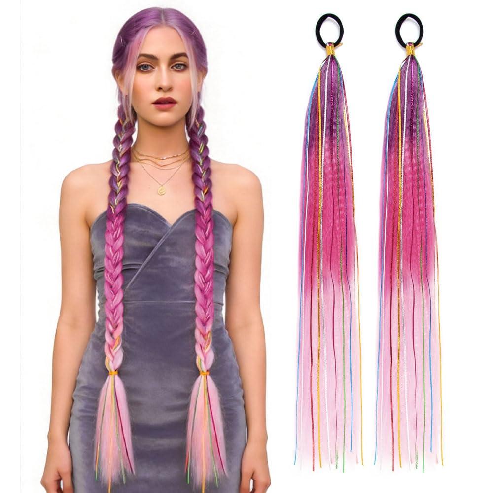 ERENDIPA 30 Inch Braid Ponytail Extension 2 Pack  Synthetic Straight Hair with Elastic Tie, Wrap Around Tinsel Colored Ponytail for Women, Girls, Kids Purple/Rose Red/Light Pink