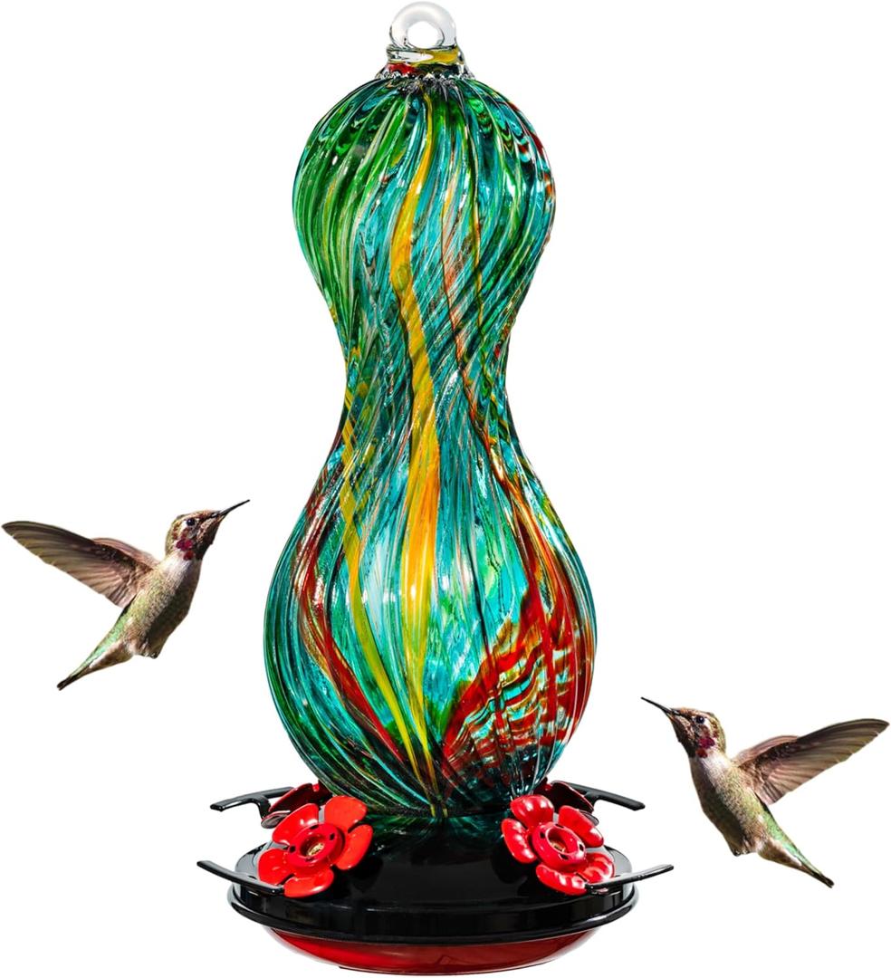 Hummingbird Feeder for Outdoors Hanging, Hand Blown Glass 24 OZ Capacity Hummingbird Bird Nectar Feeders with 4 Feeding Ports, Gifts for Women Mom Outside Garden Backyard Decor (Green)