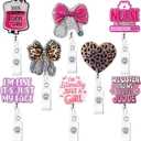 8 Pcs Cute Badge Reel Retractable for Nurses, Funny Pink Badge Reels with Alligator Clip, Glitter ID Badge Holder for Nurse Doctor Office Gifts (8pcs-Pink/Leopard Print)
