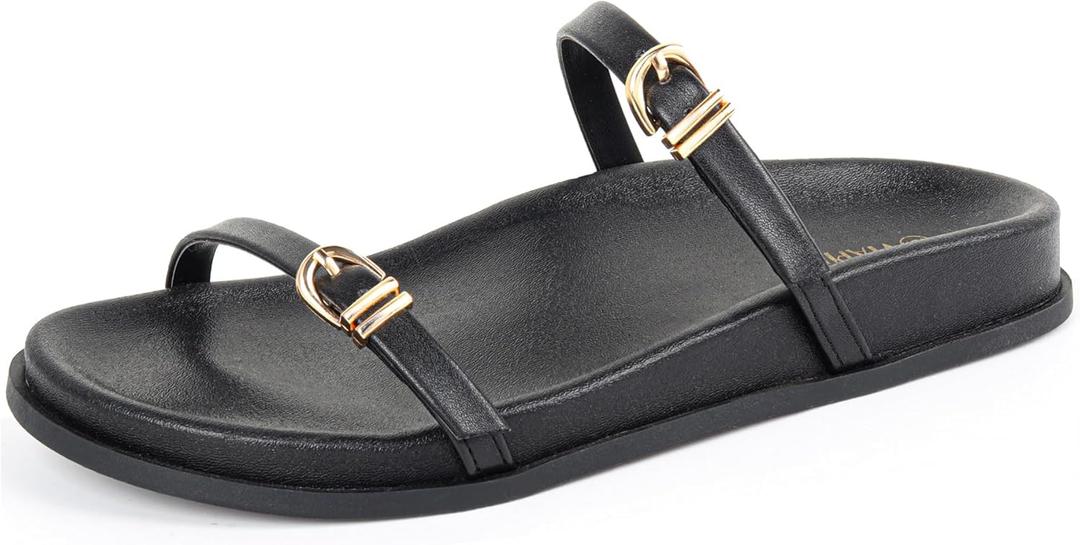 Adjustable Double Buckle Leather Flat Sandals For Women Arch Support Comfort Beach Walking Shoes (9, Black)