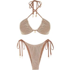 ZAFUL Women's Bikini Set Fishnet Triangle Tie Convertible Collar Halter Bandeau Shell Two Piece Bathing Suit (X-Large, Brown)