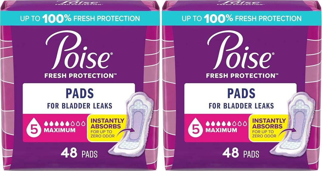 Poise Incontinence Pads, Maximum Absorbency, Regular, 48 Count (Pack of 2)