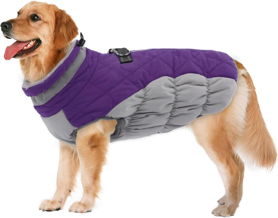 Lelepet Dog Coat Warm Dog Winter Coat Waterproof Dogs Jacket with Harness Built in Reflective Pet Fleece Vest Zip-Up Cold Weather Coats for Large Dogs Turtleneck & Windproof Coats Pitbull Purple 2XL