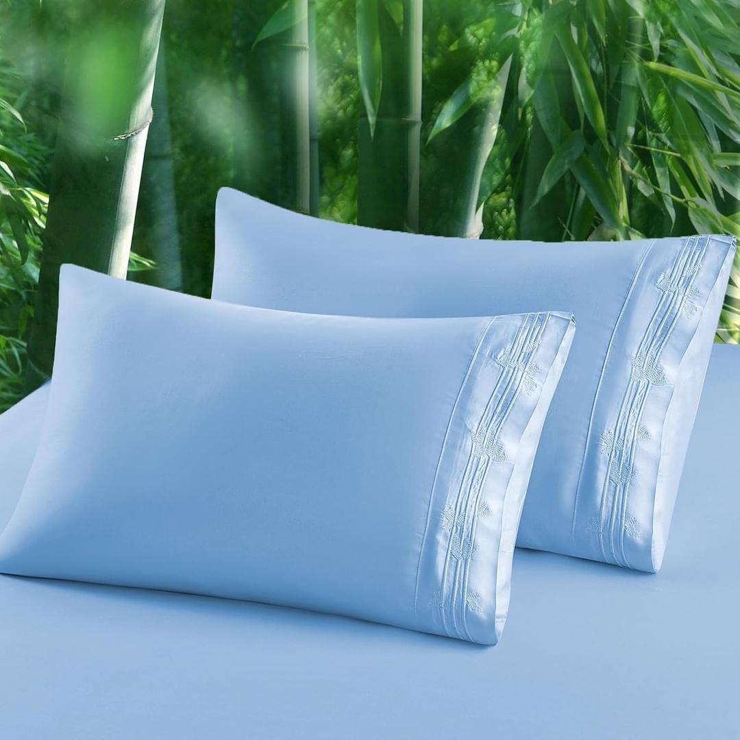 100% Viscose Derived from Bamboo Pillow Cases Set of 2, Breathable Cooling Pillowcases for Hot Sleepers, 600 Thread Count, Silky Soft, Standard Size, Blue