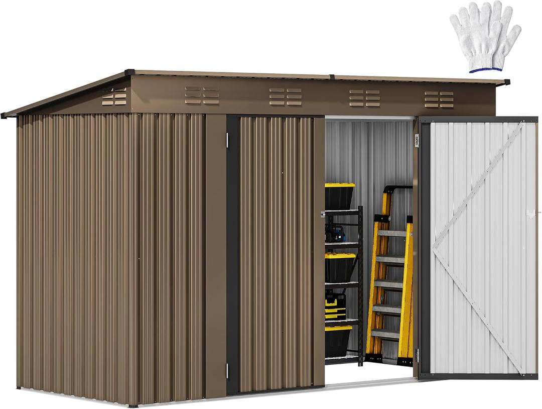 DWVO 9.1x4.2ft Large Outdoor Storage Shed, Metal Tool Sheds, Heavy Duty Tool Storage with Lockable Doors & Air Vent for Backyard Patio Lawn to Store Bikes, Tools, Lawnmowers,Brown