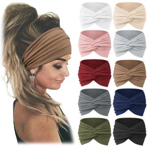Jesries 10 PCS Women Headbands African Wide Hair Wrap Extra Turban Head Bands for Lady Large Sport Workout Stretch Non-slip Big Hair Bands (Brown)