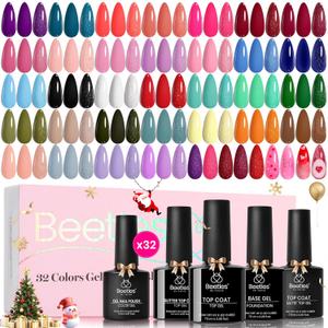beetles Gel Polish Christmas Gel Nail Polish Set 32 Winter Colors with Base Top Coat Burgundy Red Blue Purple Brown Orange Green Pink Black White Uv LED Lamp Nails Gifts for Women Fingertip Palette