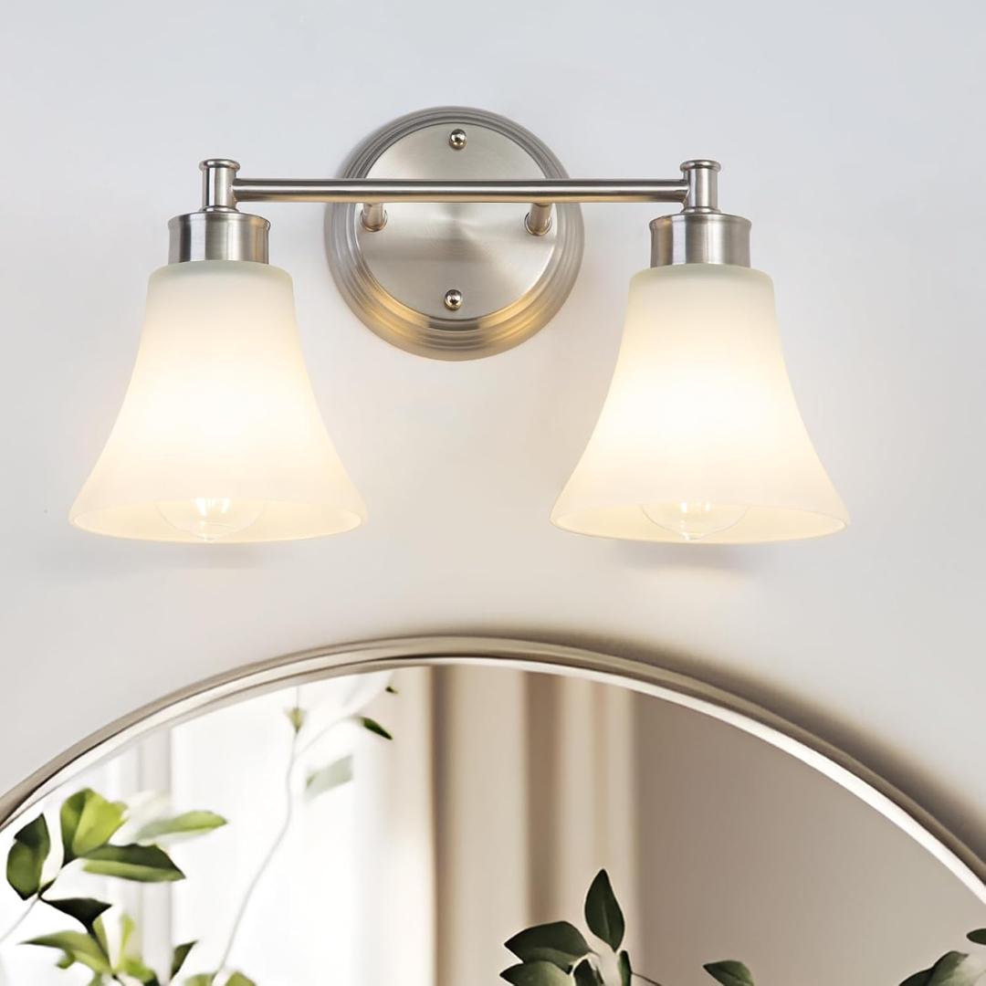 LOUSACE 2 Light Bathroom Vanity Light Brushed Nickel Bathroom Lighting Fixtures Over Mirror with Opal White Frosted Glass, Vintage Traditional Wall Lighting Fixture Satin Nickel Vanity Lights