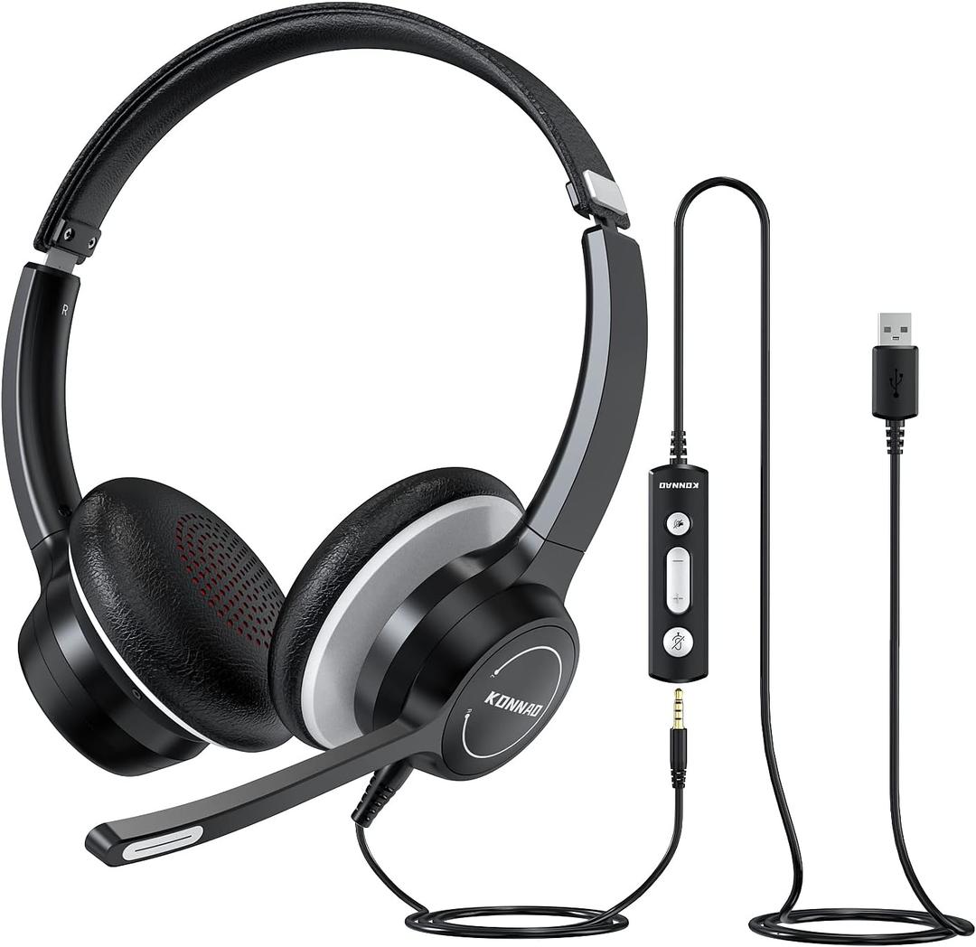 USB Headset with Microphone, 3.5mm Wired Computer Headsets with Noise Cancelling Microphone, Stereo Headphones with MIC for PC, in Line Controls, Work Headset for Skype Zoom Tablet Laptop (All Black)