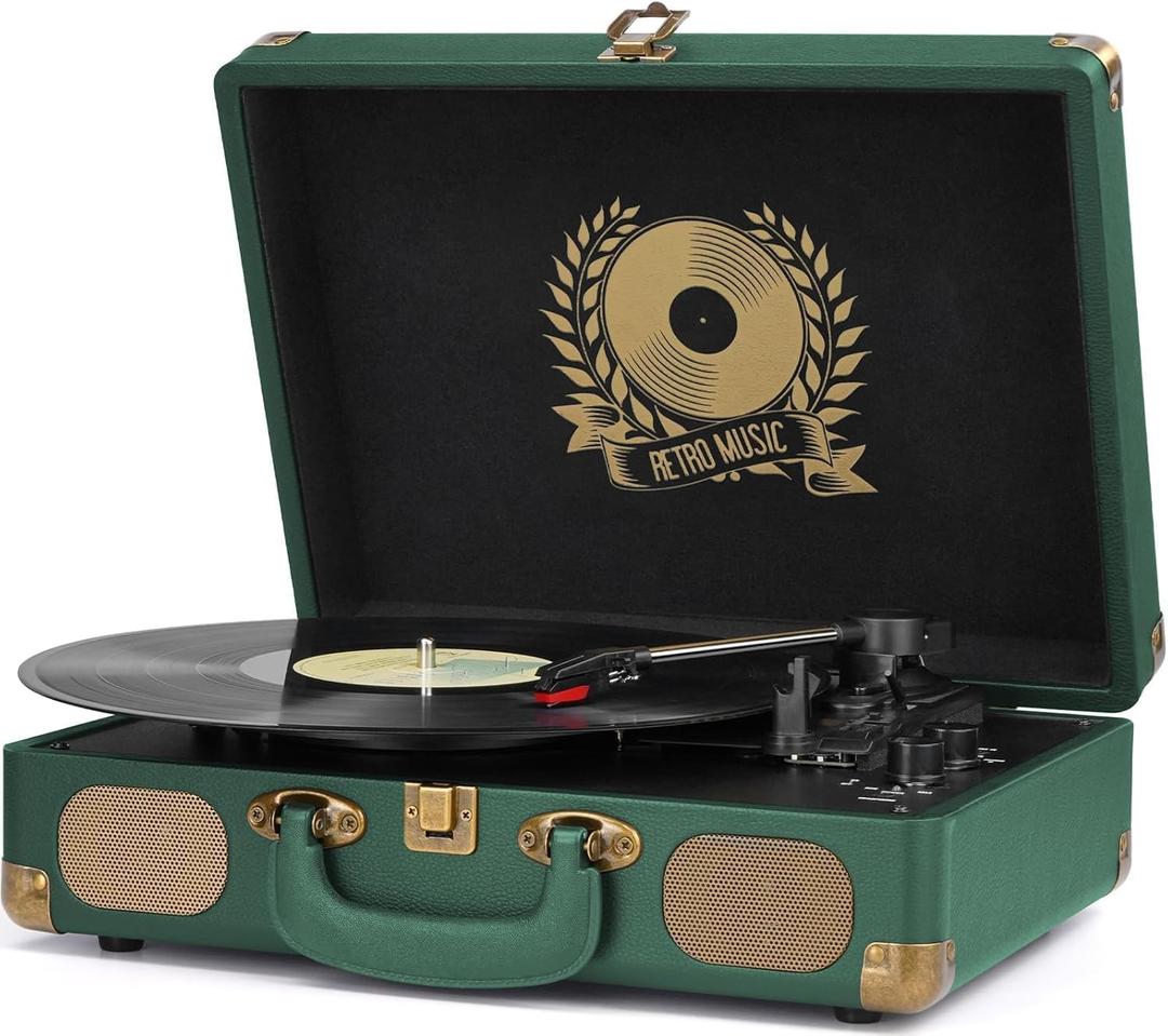 Vinyl Record Player Bluetooth Turntable 3-Speed Suitcase Portable Vintage Belt-Driven Record Player with Built-in Speakers RCA Line Out AUX in Headphone Jack Dark Hunter Green