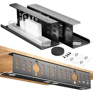 2 Pack Cable Management Under Desk Black, Cinati 32" Large Cable Management Tray, Under Desk Alloy Steel Wire Organizers, Cord Hider Tray for Office and Home - Tape or Screw Installation