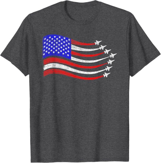 American Patriotic Fighter Jets USA Flag Waving 4th of July T-Shirt (Small)
