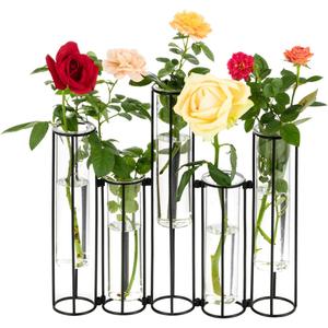 Glass Test Tubes Vase with Stand for Flowers, Black Hinged Bud Vase with Metal Stand Racks Hydroponic Set of 5, Adjustable Pipe Plant Vases Display Set for Table Centerpieces Wedding Decoration (No.01)