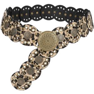 WHIPPY Western Belts for Women Vintage Disc Waist Belts Concho Leather Belts Boho Waist Belt for Dress Jeans (Fit Waist Size Below 43", Lepard(bronze Buckle))