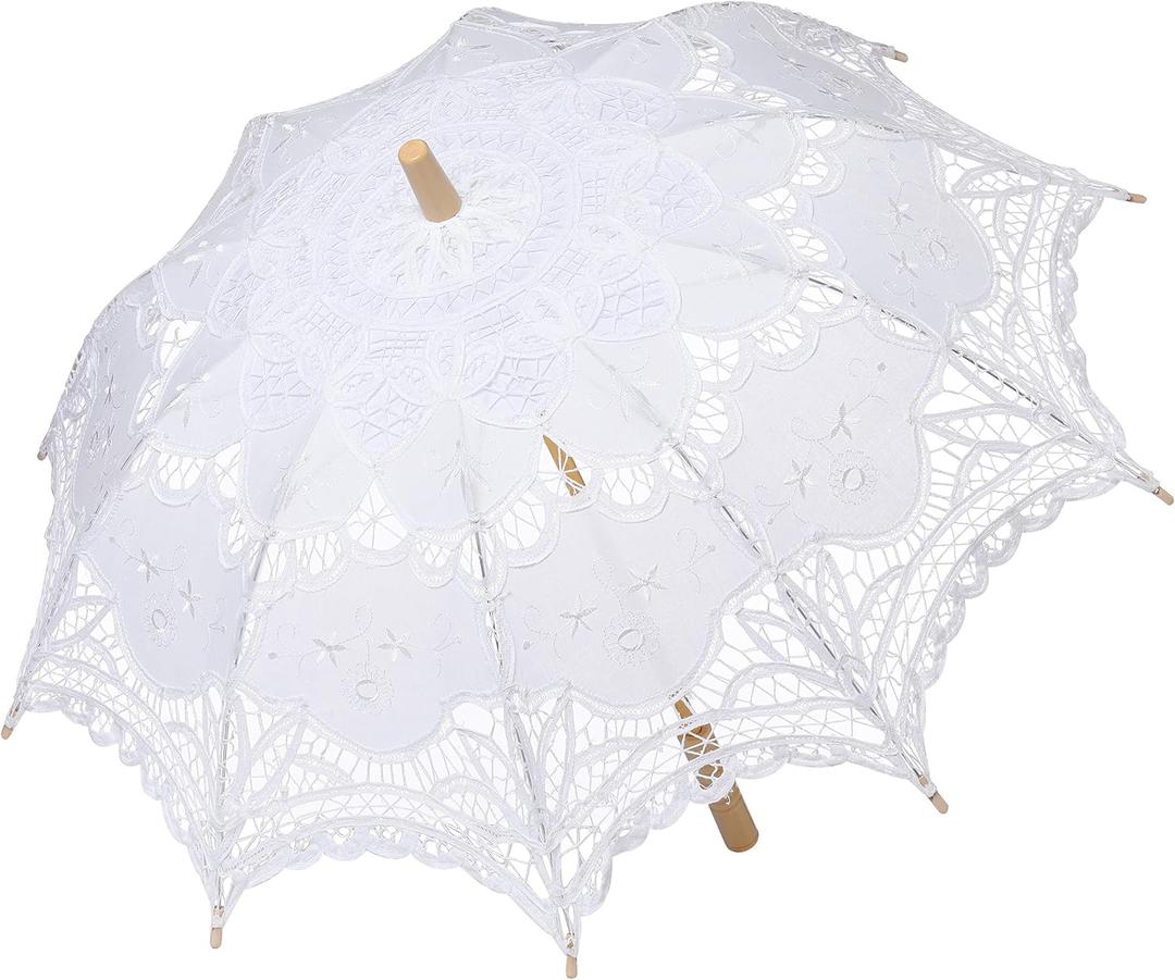 BABEYOND Lace Umbrella Parasol Vintage Wedding Bridal Umbrella for Decoration Photo Lady Costume 1920s Party (White), One Size