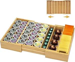 MinBoo Bamboo K Cup Holder for Drawer or Countertop Coffee Pod Holder Expandable K Cup Pod Storage Tea bag organizer K Cup Storage for Coffee Station Home Office and Kitchen