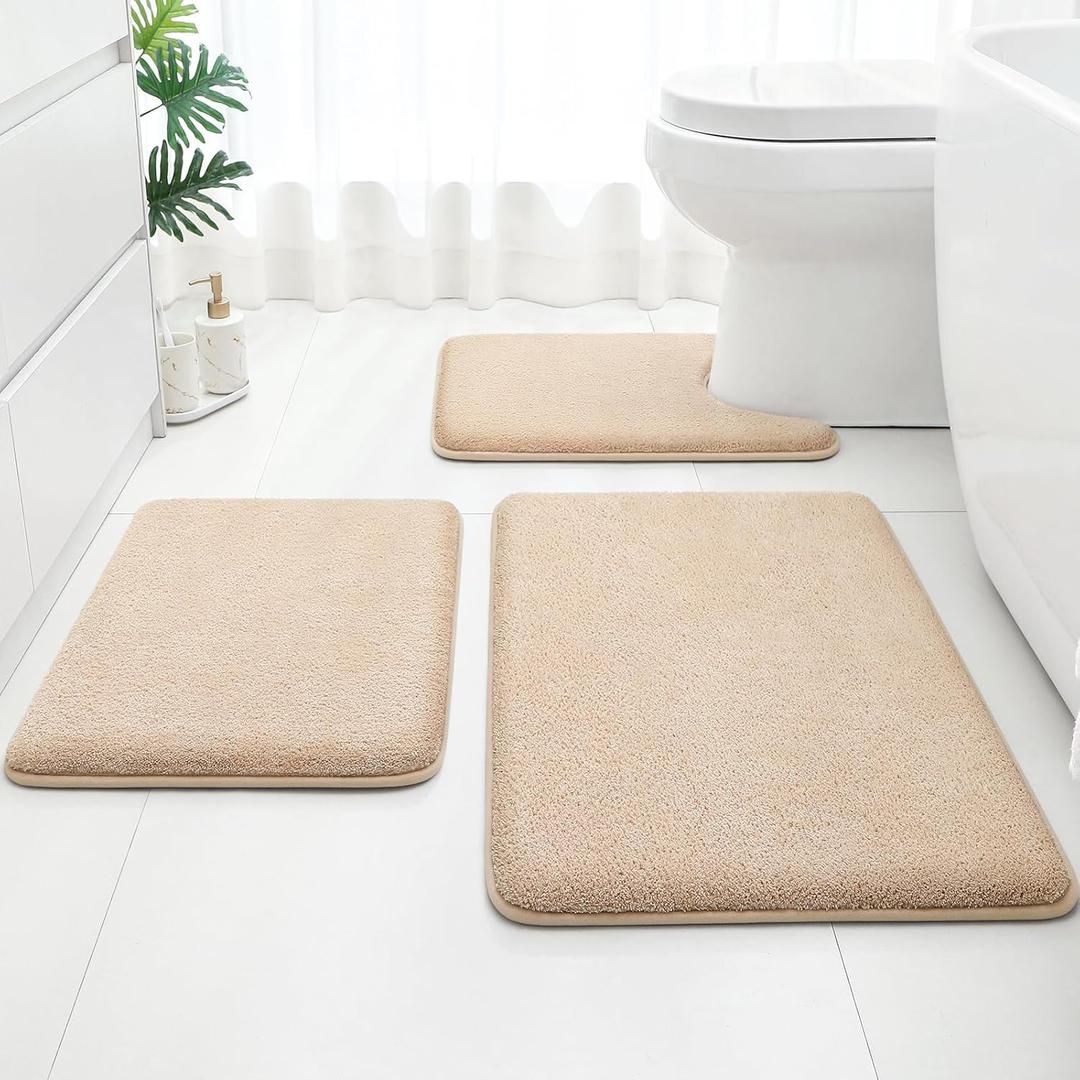 HOMEIDEAS Upgraded Bathroom Rugs Set 3 Piece, Extra Thick Absorbent Soft Memory Foam, Washable Toilet Bath Mat (Beige,17"x24"+20"x32"+U Shape 20"x24")