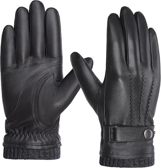 BISON DENIM Sheepskin Leather Gloves for Men, Winter Warm Touchscreen Gloves with Cashmere Lining, Driving Motorcycle Gloves