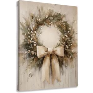FTKBGHY Vintage Christmas Wreath Canvas Wall Art Framed, Christmas Room Decor, Rustic Farmhouse Winter Holiday Xmas Poster Prints Wall Decorations for Home Bedroom Living Room, 11x14 Inch