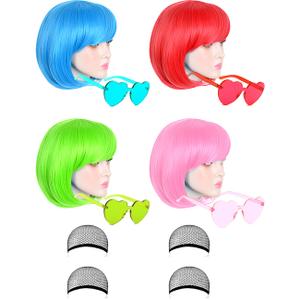 LOHO MAGICA 4 Pack Colored Wigs Neon Colorful Wig Short Bob Hair Wig Neon Fun Party Wig Costume Wigs with Heart Sunglasses(Blue, Red, Green, Pink)