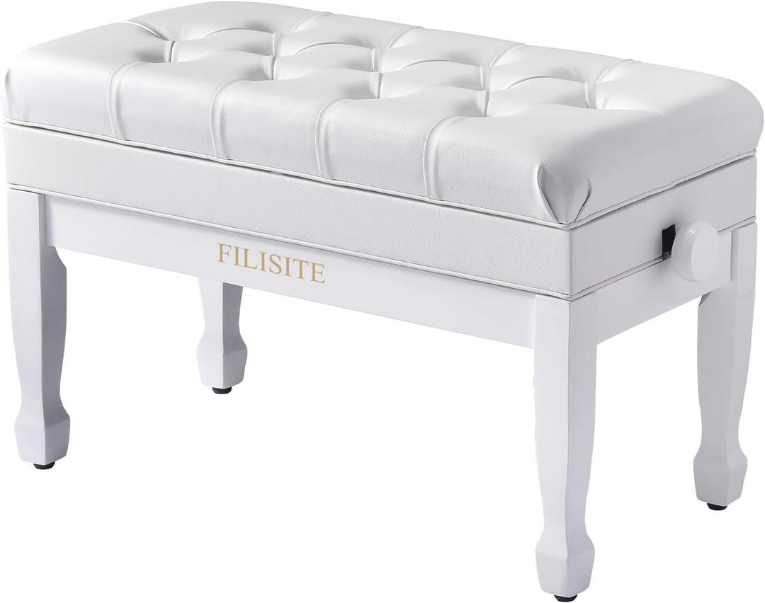 Adjustable Duet Piano Bench with Storage, Heavy Duty Solid Wood Double Piano Stool Keyboard Bench Seat with PU Leather Padded Cushion (White)